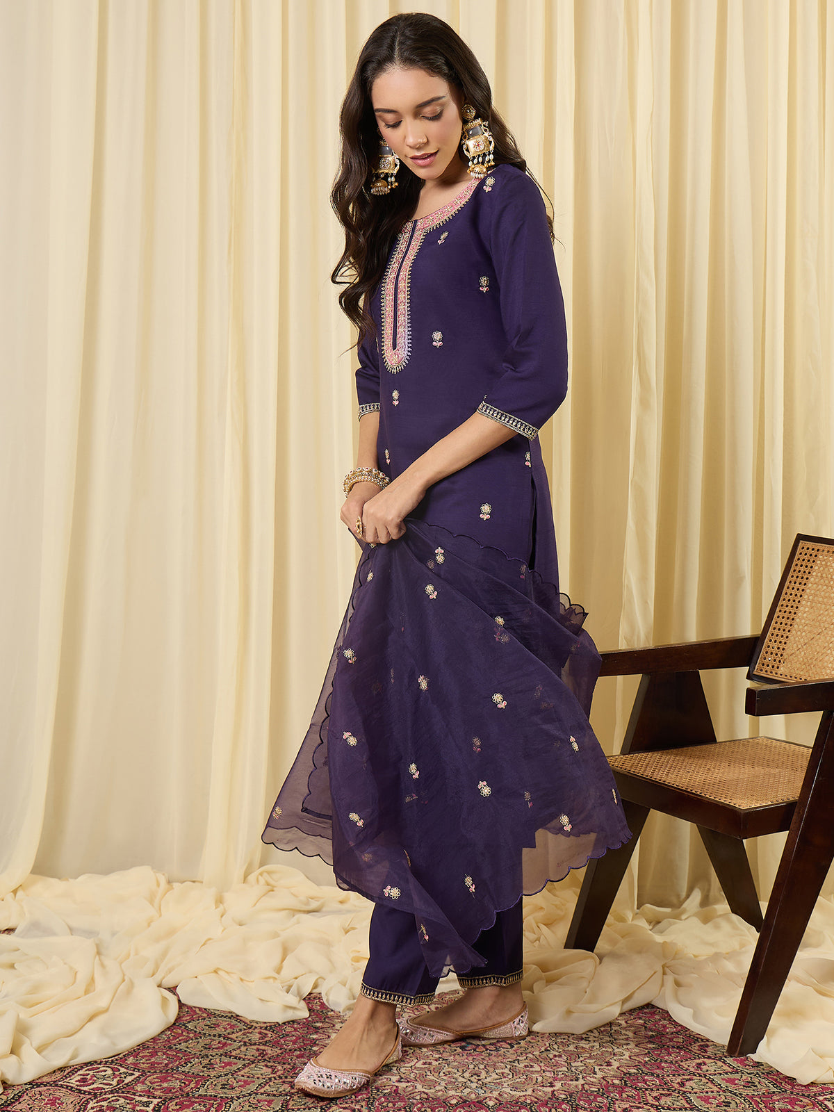 Purple Embroidered Straight Kurta Trousers With Dupatta Set-KH9PR12424