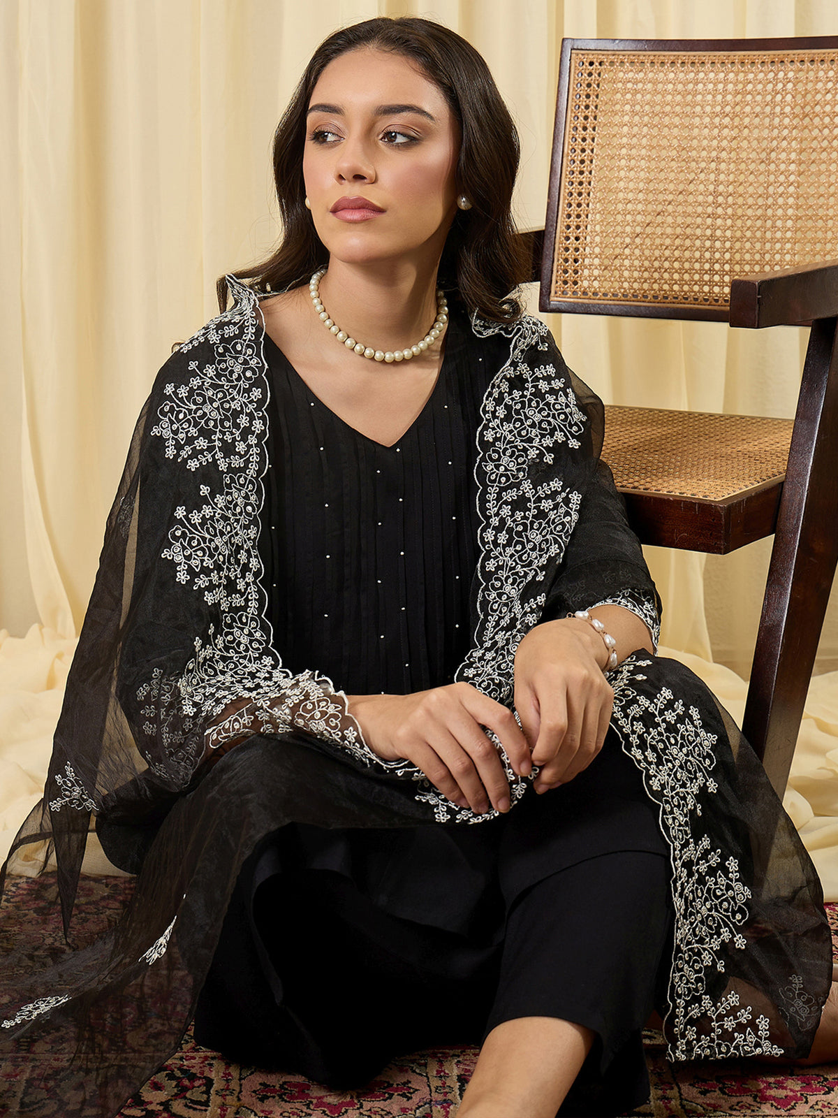 Black Embroidered A-Line Kurta Trousers With Dupatta Set-KH5BK12226