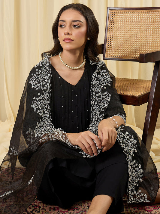 Black Embroidered A-Line Kurta Trousers With Dupatta Set-KH5BK12226