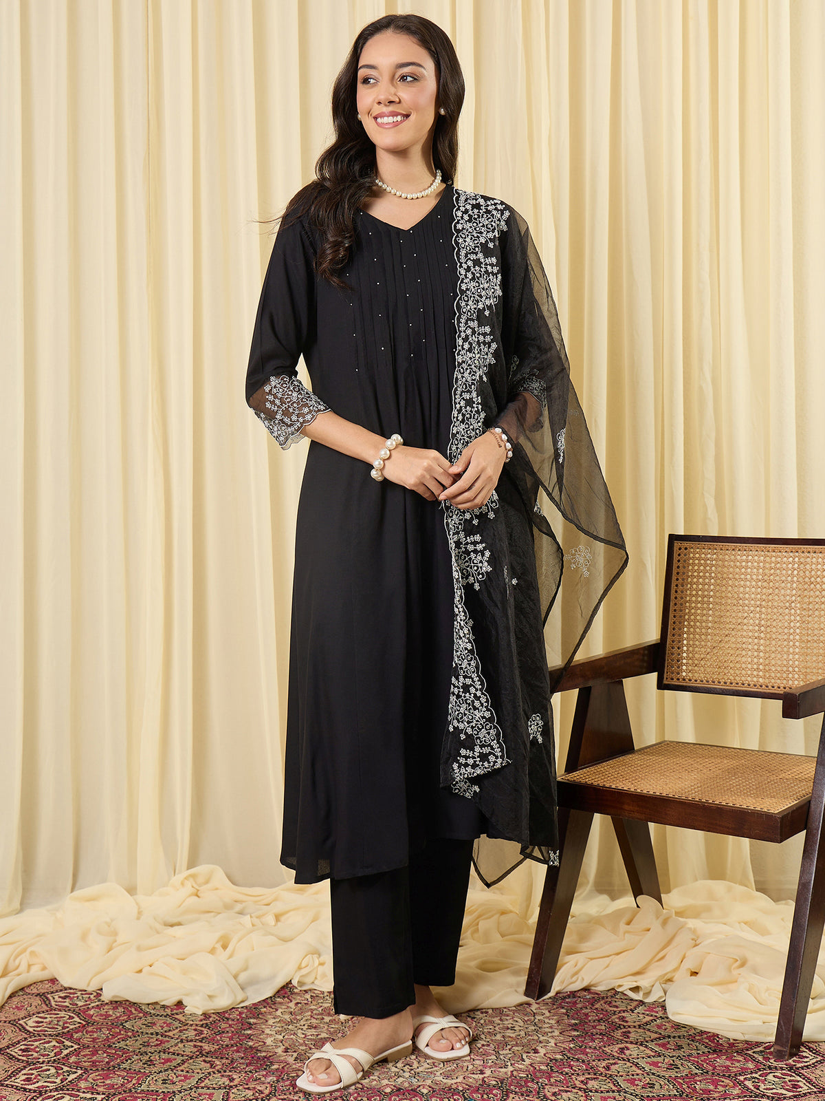 Black Embroidered A-Line Kurta Trousers With Dupatta Set-KH5BK12226