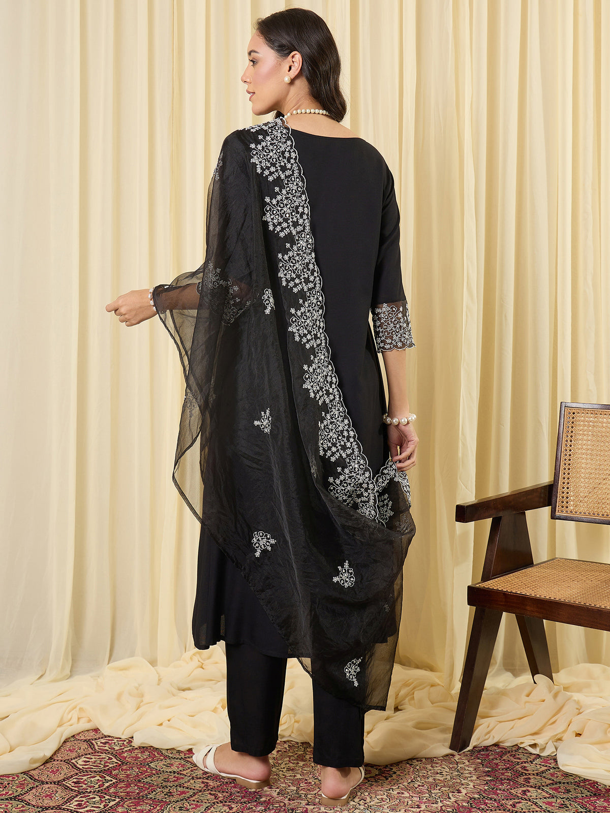 Black Embroidered A-Line Kurta Trousers With Dupatta Set-KH5BK12226