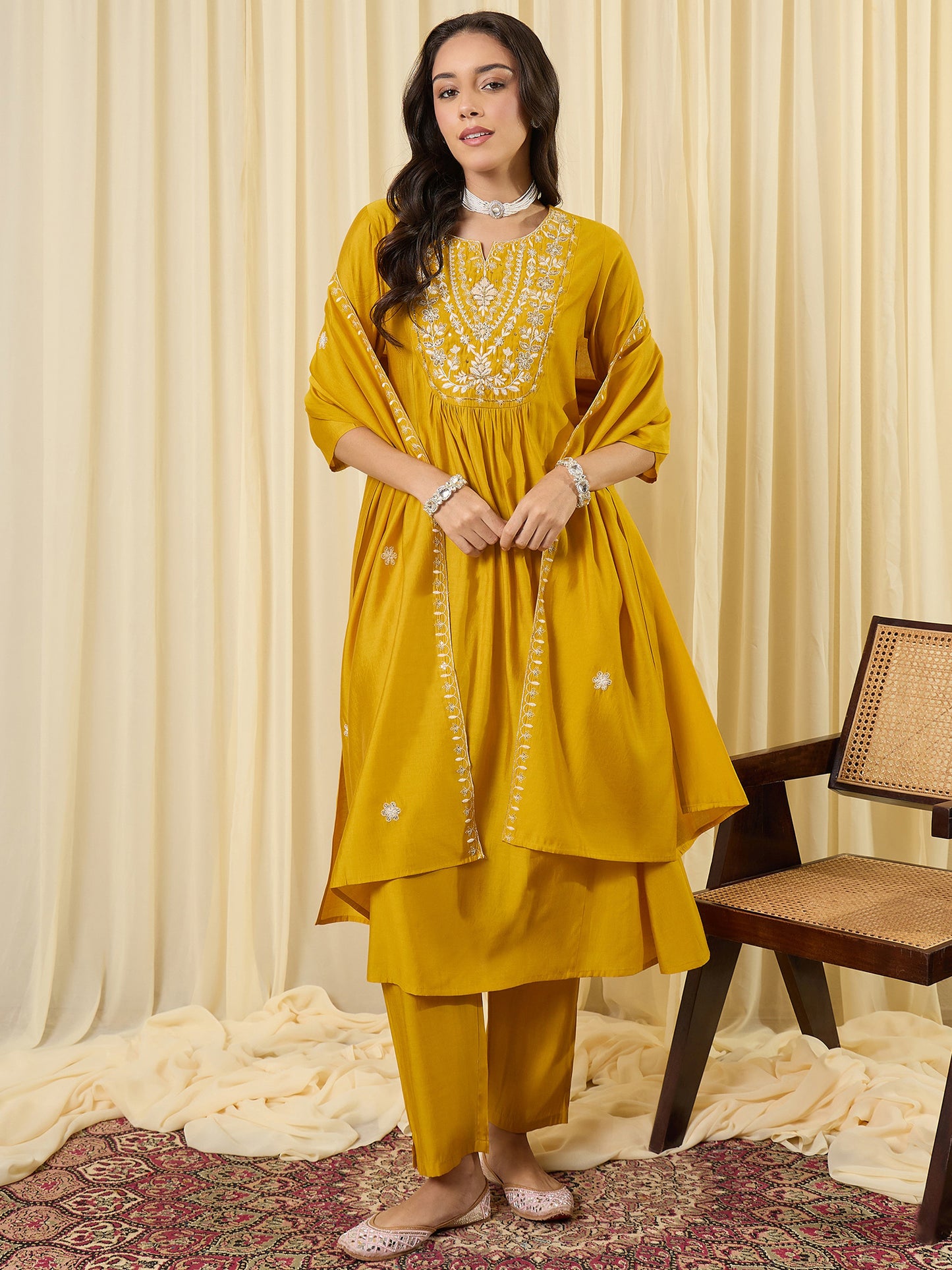 Yellow Embroidered A-Line Kurta Trousers With Dupatta Set
