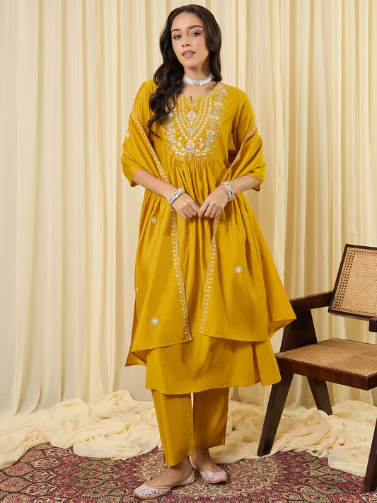 Yellow Embroidered A-Line Kurta Trousers With Dupatta Set
