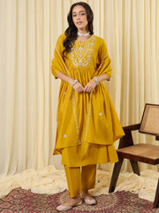 Yellow Embroidered A-Line Kurta Trousers With Dupatta Set