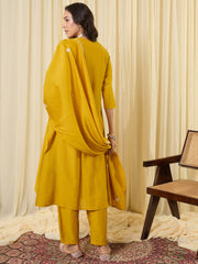 Yellow Embroidered A-Line Kurta Trousers With Dupatta Set
