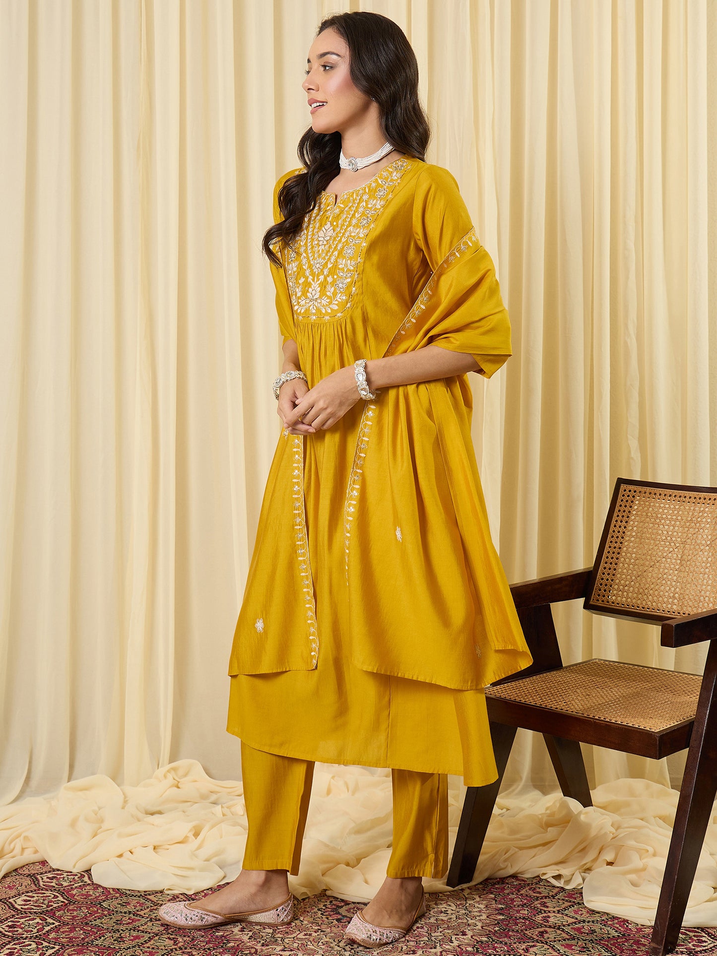 Yellow Embroidered A-Line Kurta Trousers With Dupatta Set