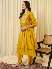Yellow Embroidered A-Line Kurta Trousers With Dupatta Set