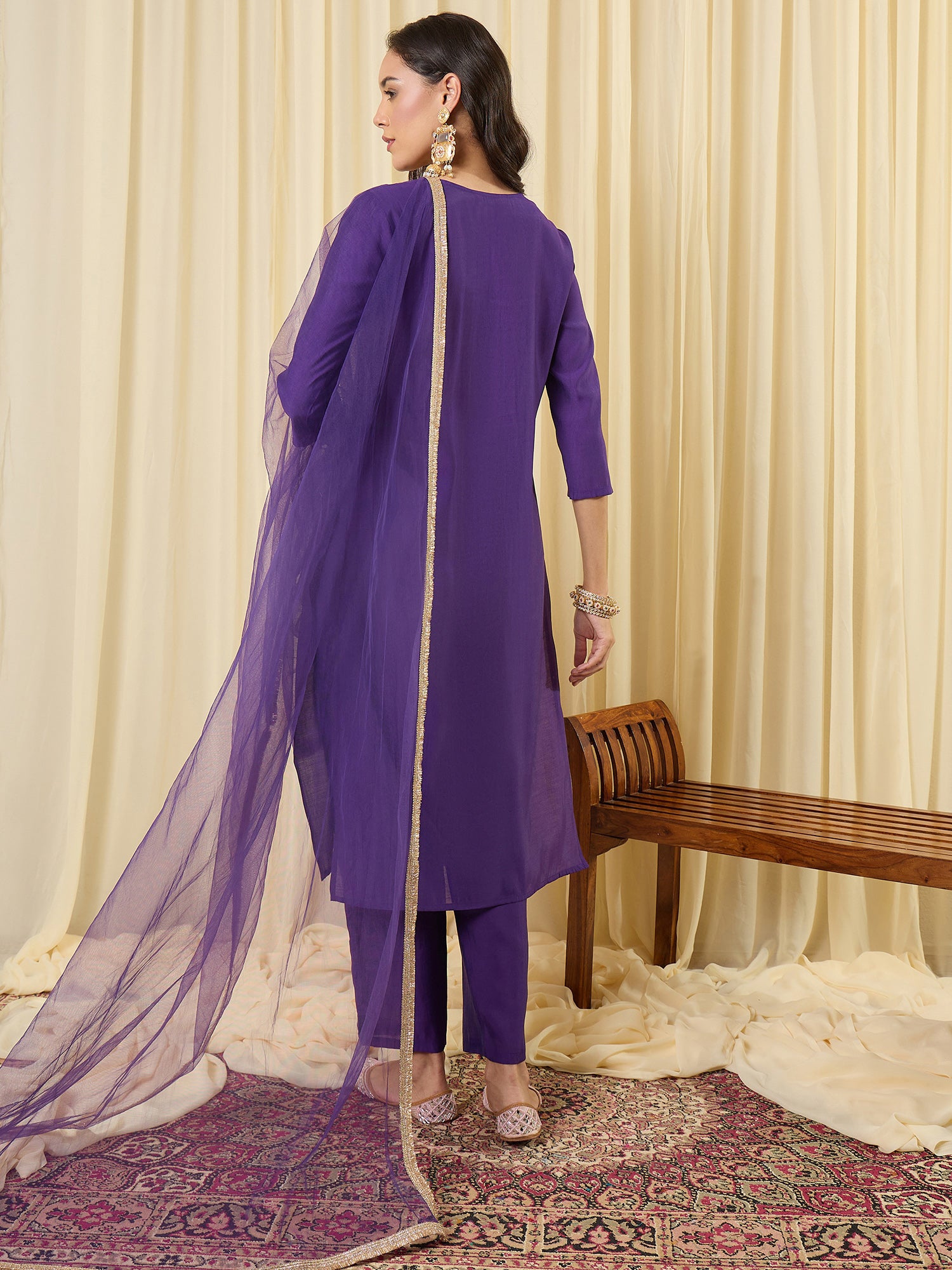 Purple Embroidered Straight Kurta Trousers With Dupatta set