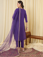 Purple Embroidered Straight Kurta Trousers With Dupatta set