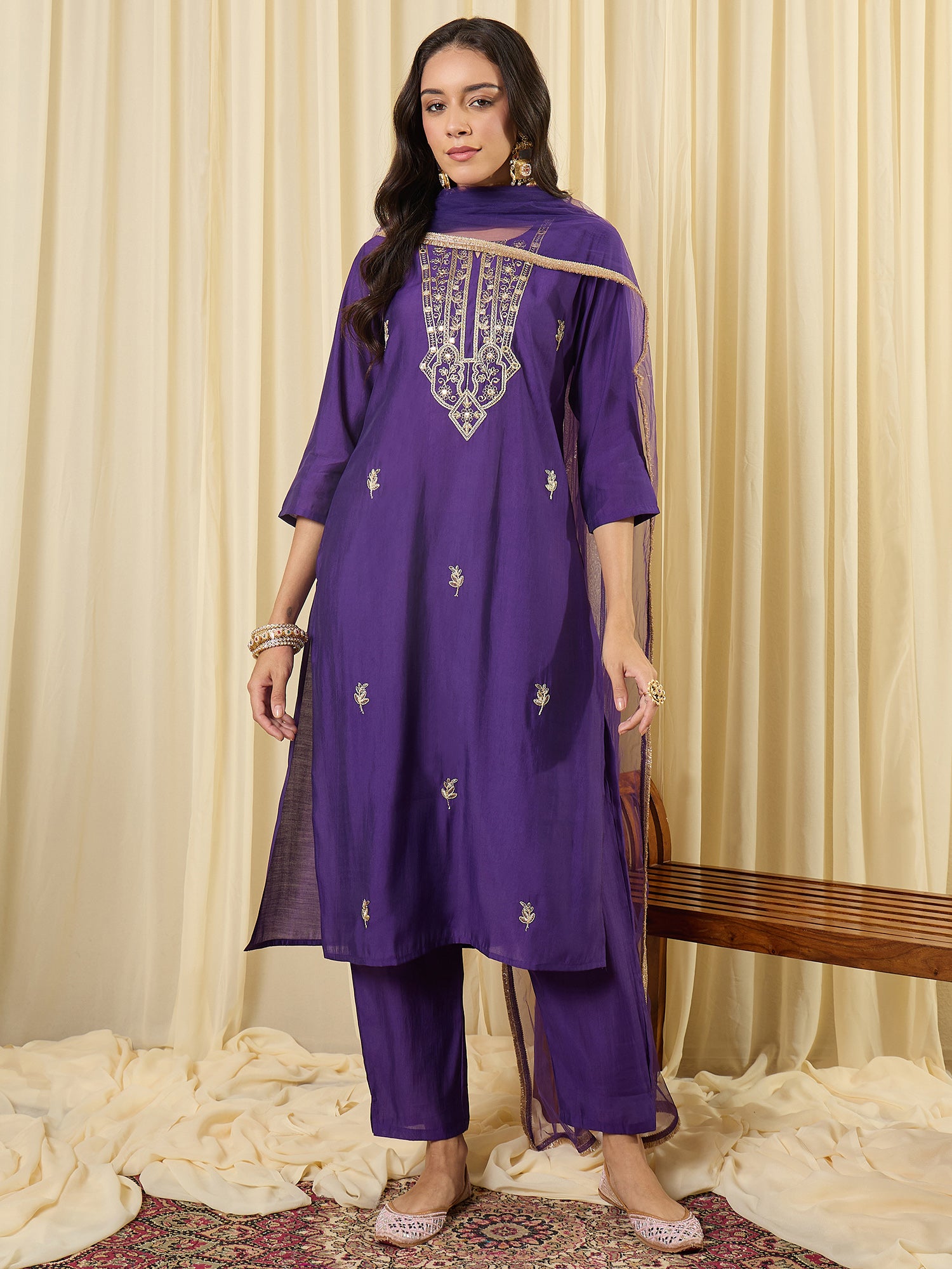 Purple Embroidered Straight Kurta Trousers With Dupatta set