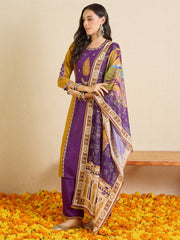 Purple Embroidered Straight Kurta Palazzos With Dupatta set