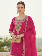 Pink Embroidered Straight Kurta Palazzos With Dupatta Set