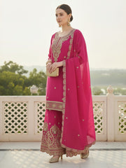 Pink Embroidered Straight Kurta Palazzos With Dupatta Set
