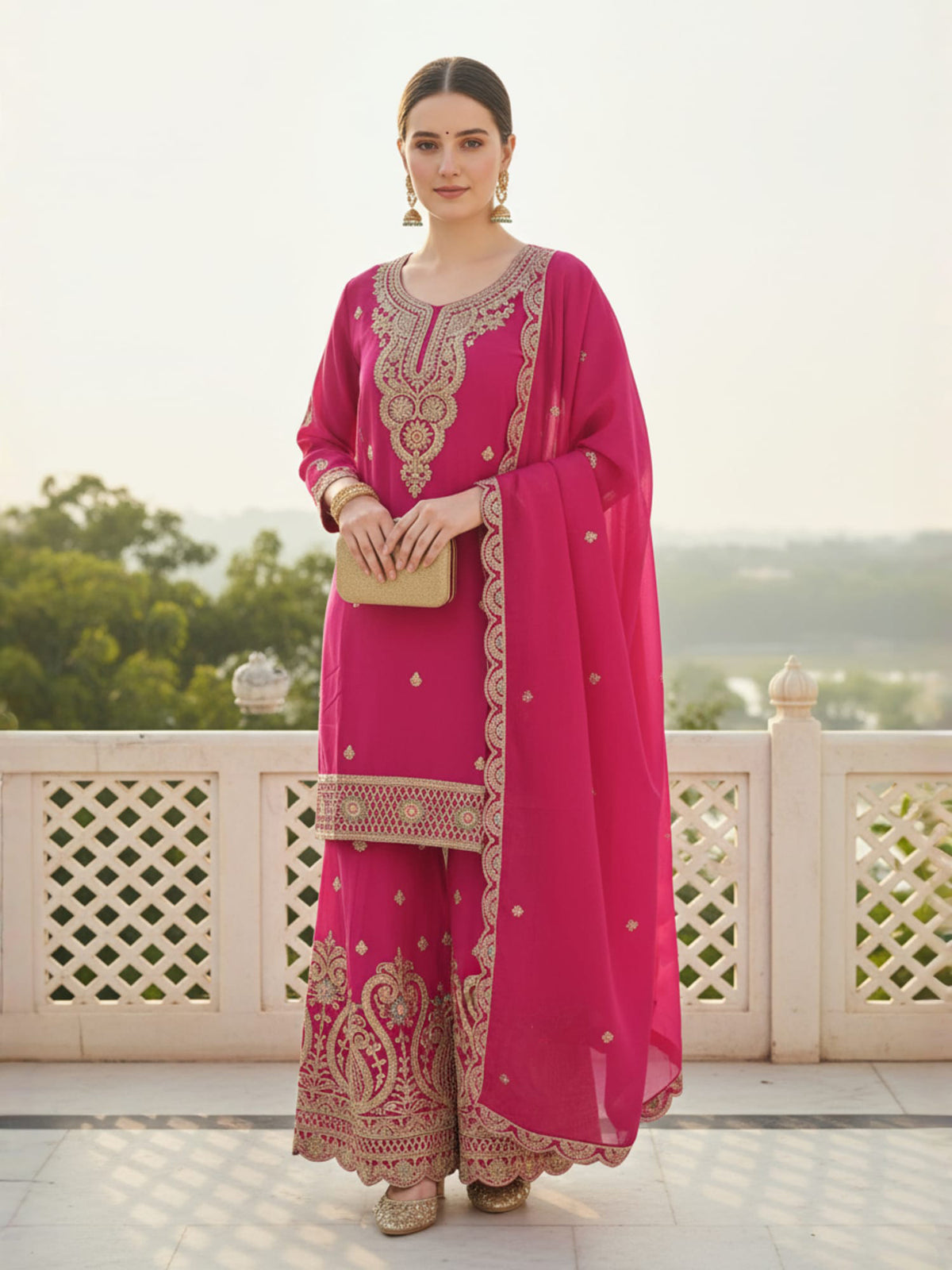 Pink Embroidered Straight Kurta Palazzos With Dupatta Set