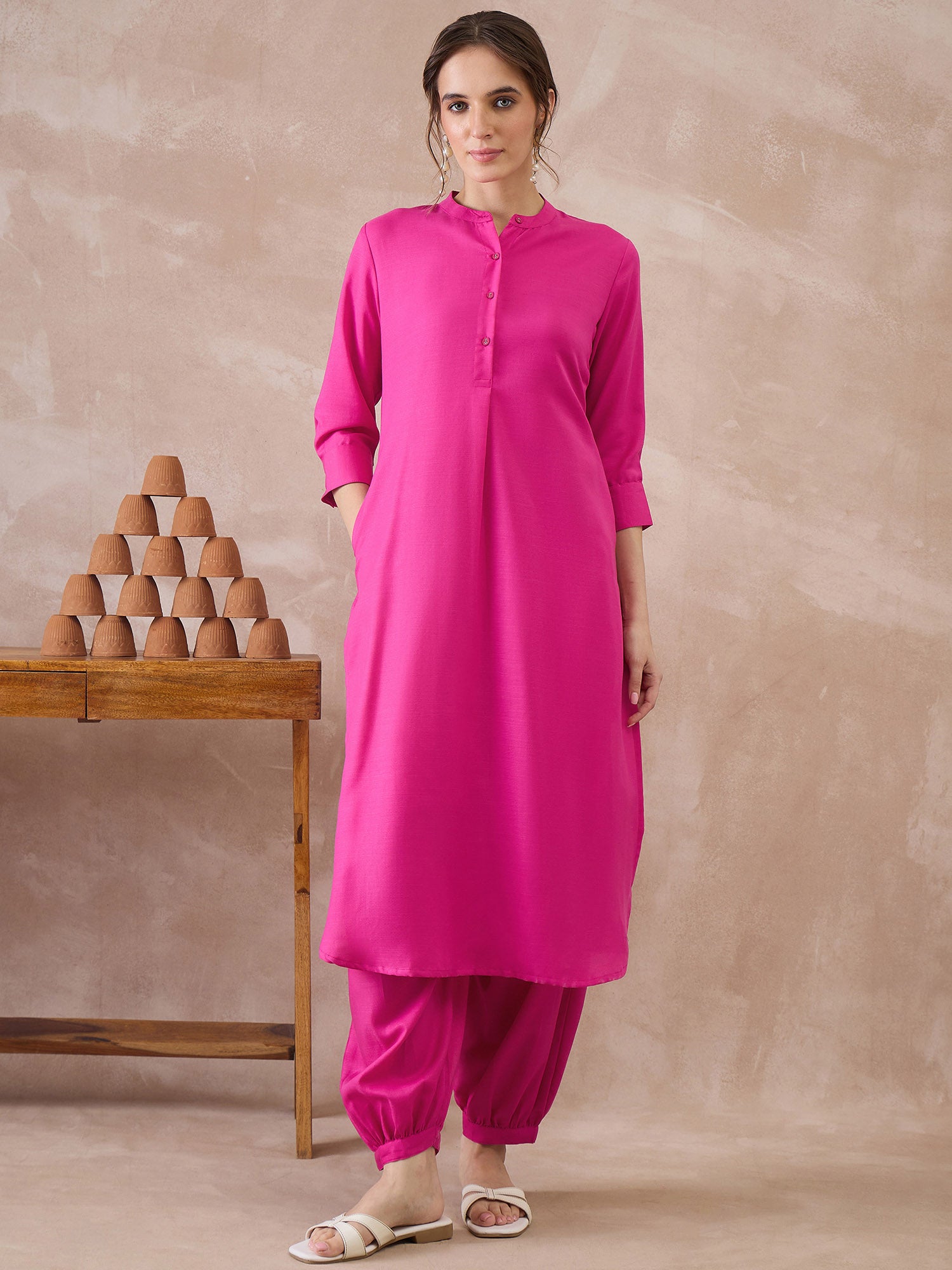 Pink Solid Straight Kurta Salwar set