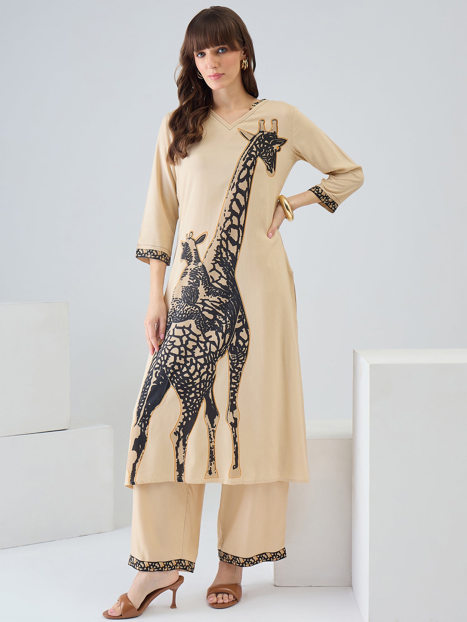 Beige Printed Straight Kurta Palazzos Set