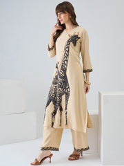 Beige Printed Straight Kurta Palazzos Set
