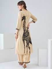 Beige Printed Straight Kurta Palazzos Set