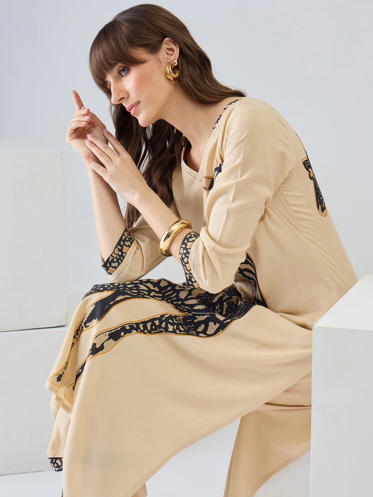 Beige Printed Straight Kurta Palazzos Set