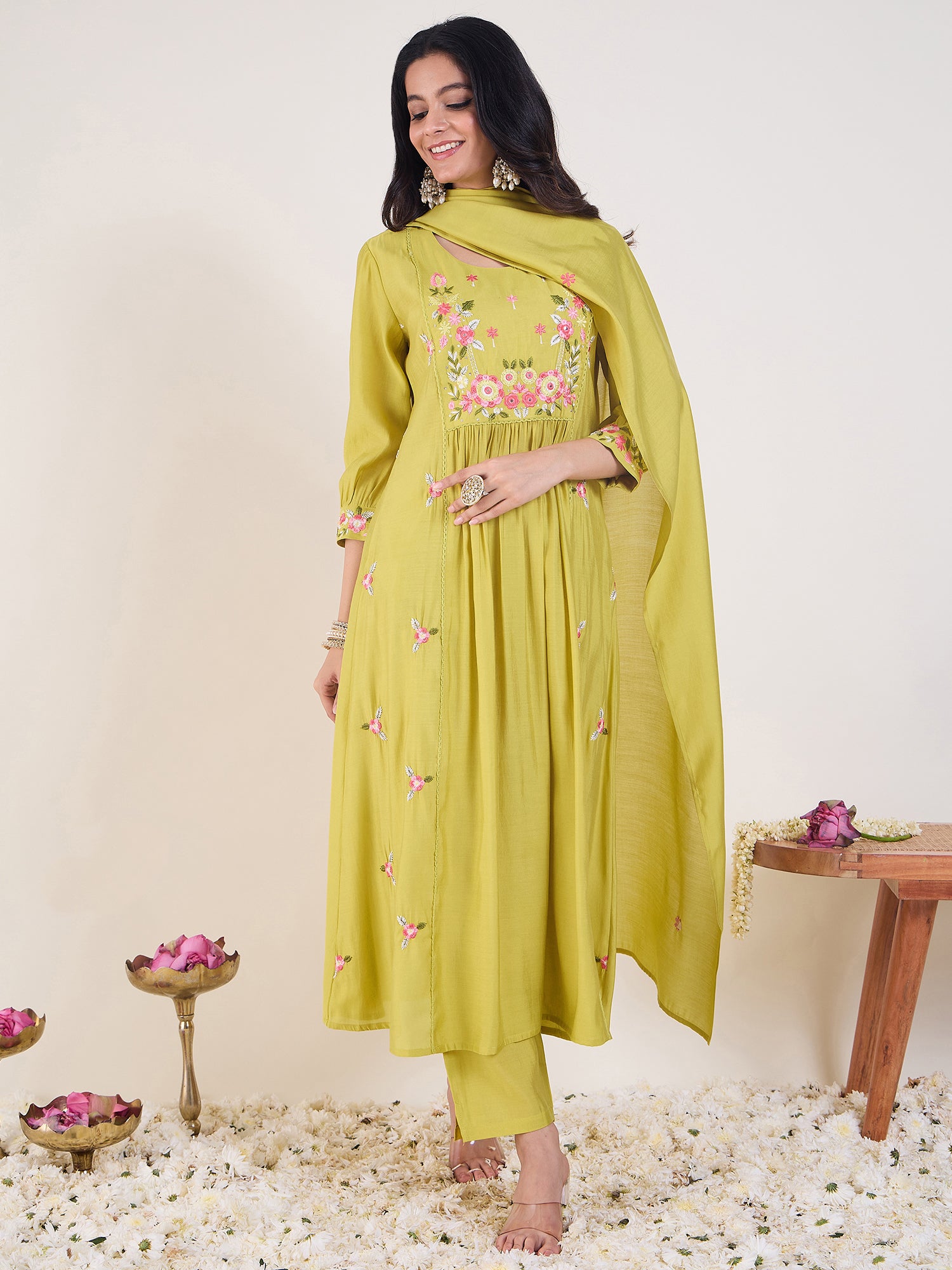 Green Embroidered A-Line Kurta Trousers With Dupatta Set