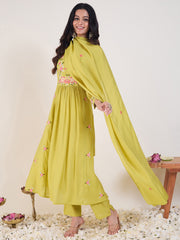 Green Embroidered A-Line Kurta Trousers With Dupatta Set