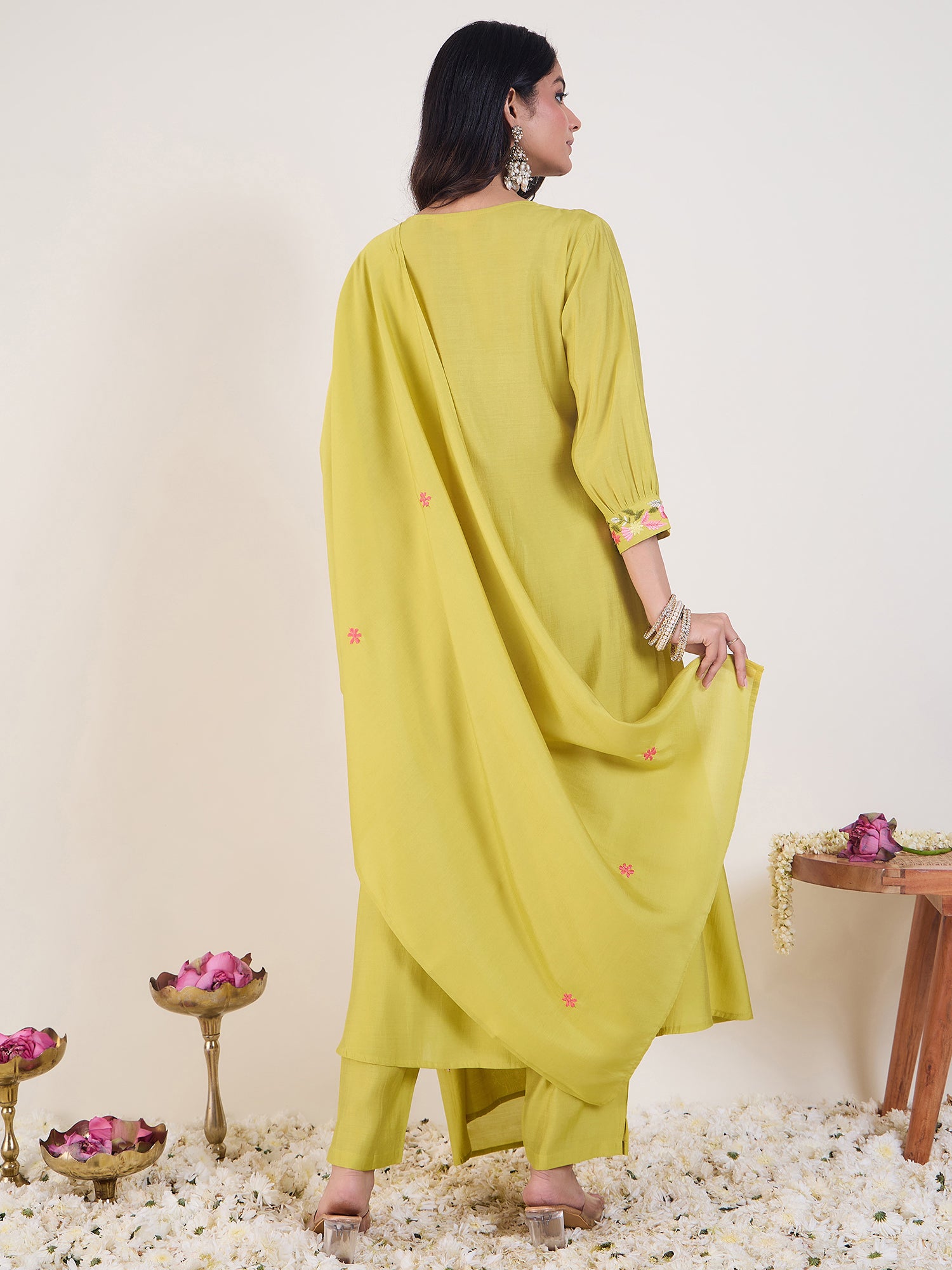 Green Embroidered A-Line Kurta Trousers With Dupatta Set