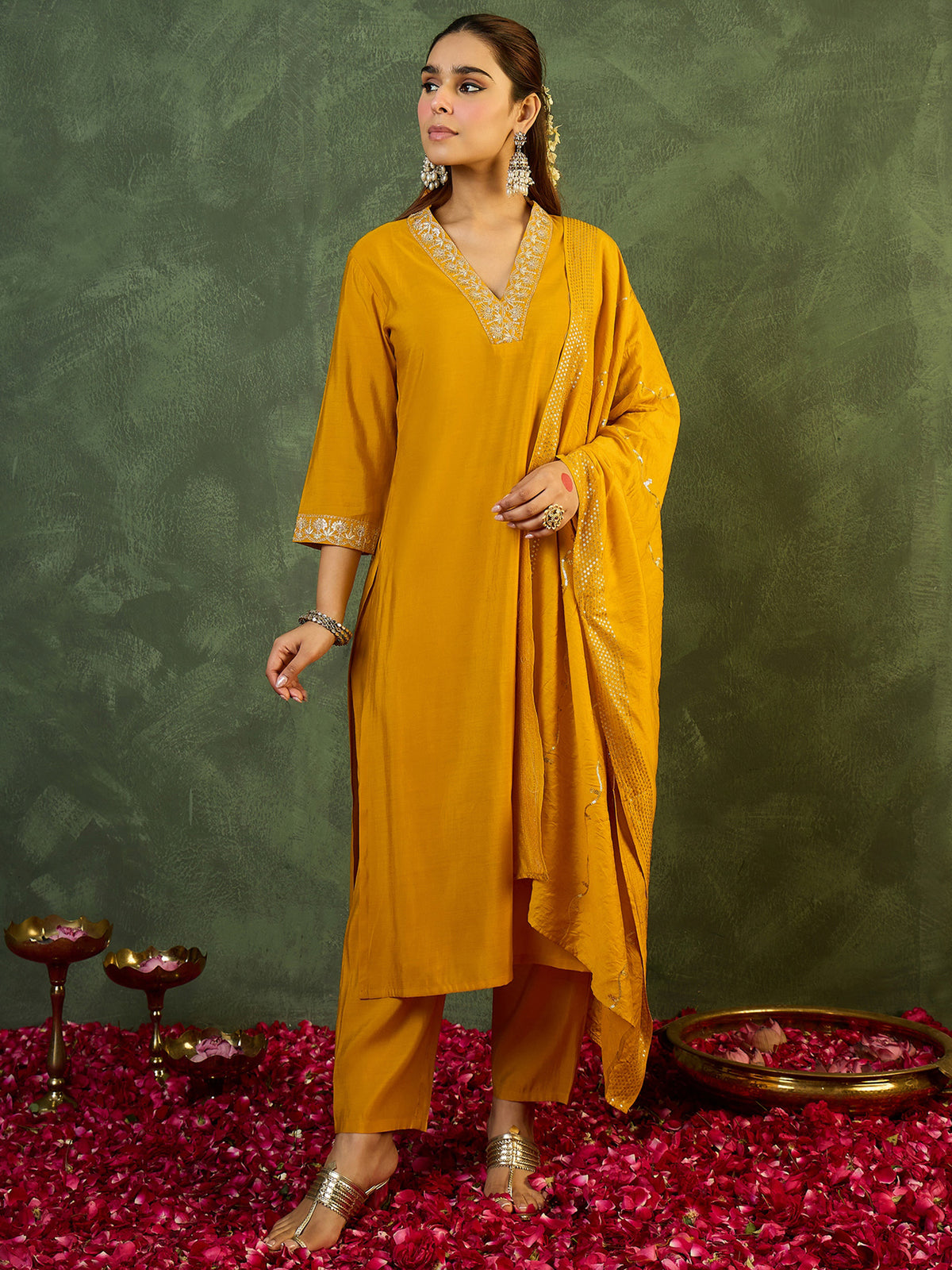 Yellow Embroidered Straight Kurta Trousers With Dupatta Set-KH9YL12418