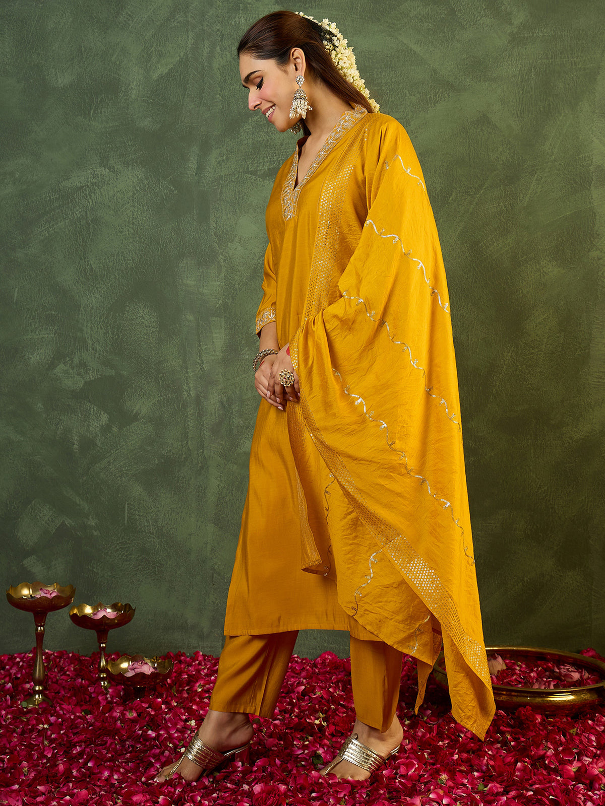 Yellow Embroidered Straight Kurta Trousers With Dupatta Set-KH9YL12418