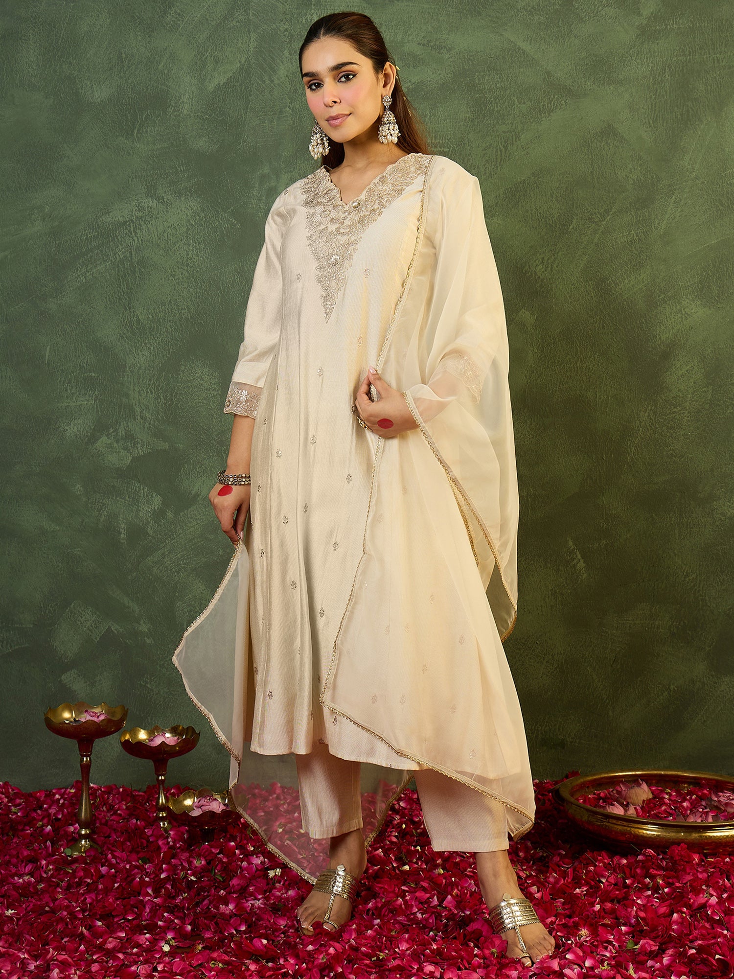 White Embroidered Straight Kurta Trousers With Dupatta Set