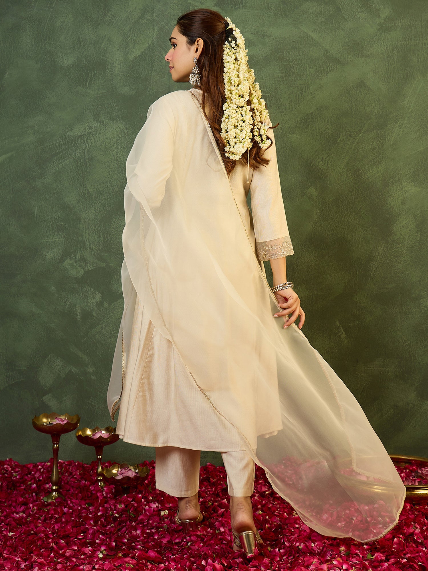White Embroidered Straight Kurta Trousers With Dupatta Set