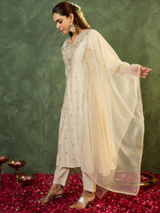 White Embroidered Straight Kurta Trousers With Dupatta Set