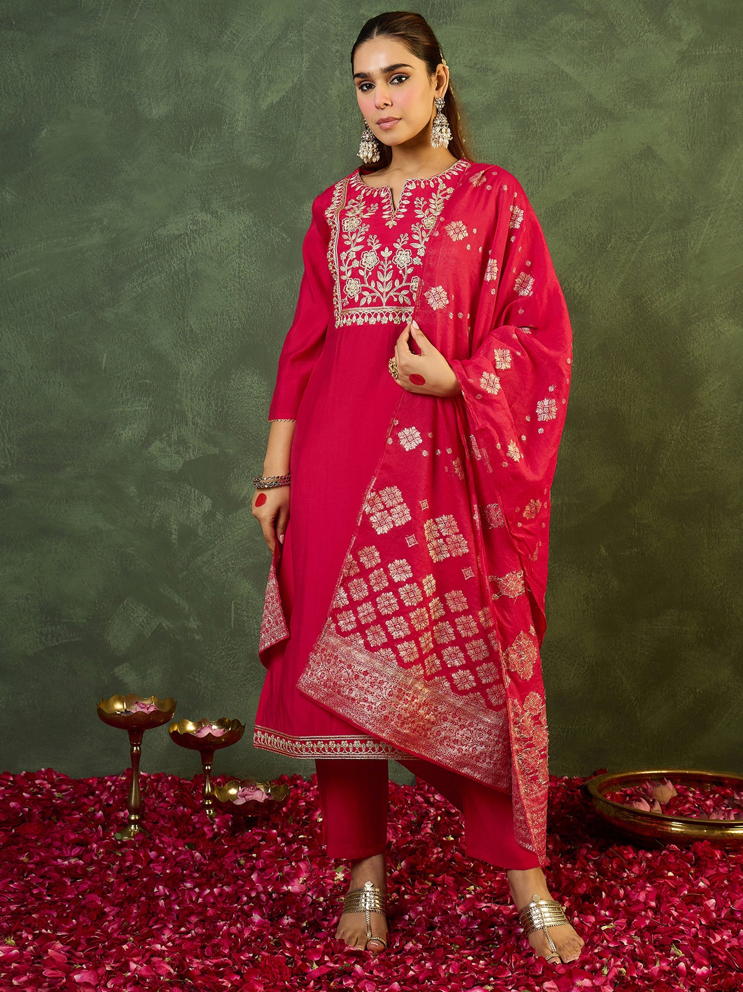 Pink Embroidered A-Line Kurta Trousers With Dupatta set