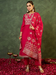 Pink Embroidered A-Line Kurta Trousers With Dupatta set