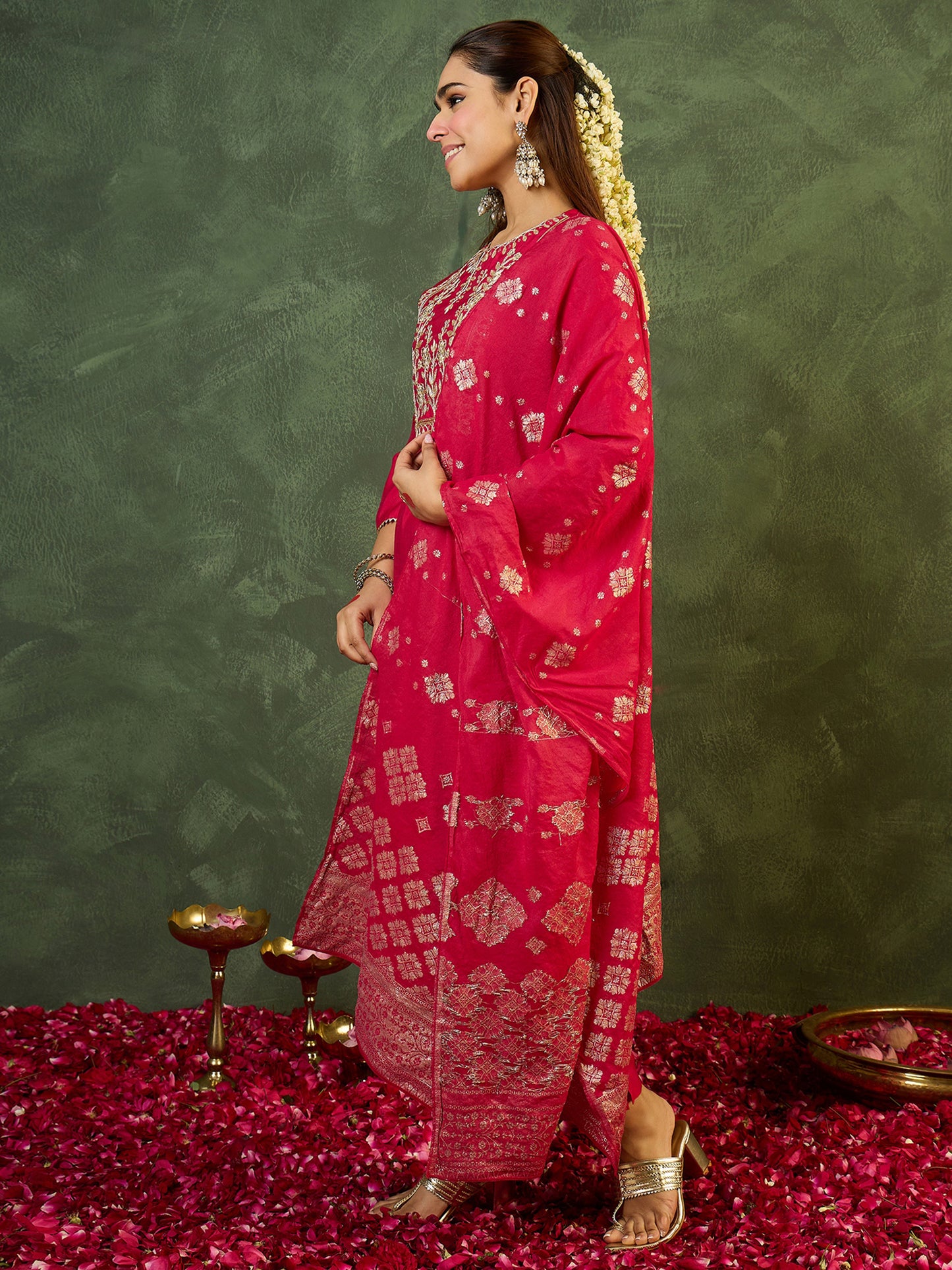 Pink Embroidered A-Line Kurta Trousers With Dupatta set