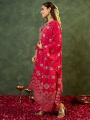 Pink Embroidered A-Line Kurta Trousers With Dupatta set