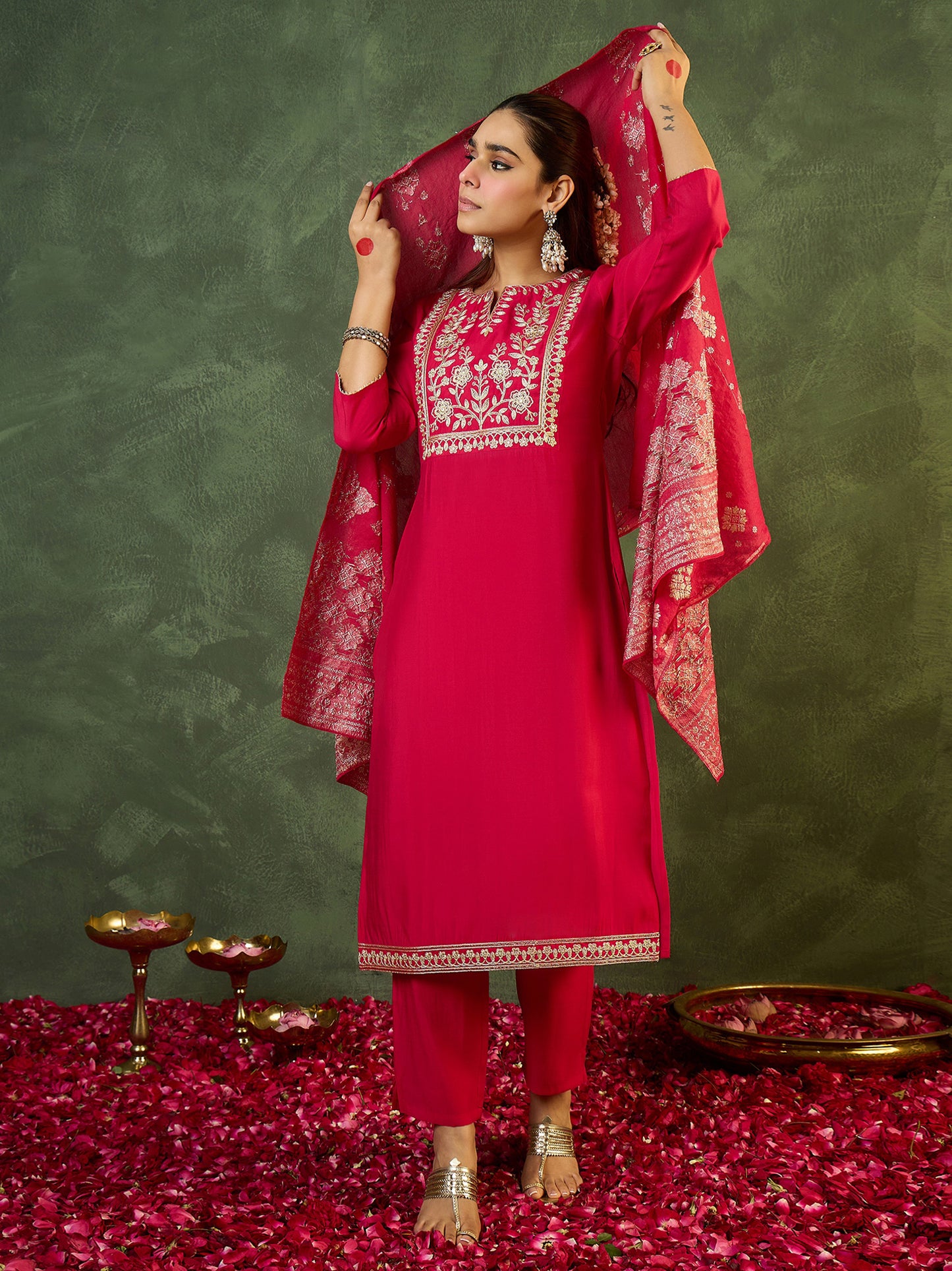 Pink Embroidered A-Line Kurta Trousers With Dupatta set