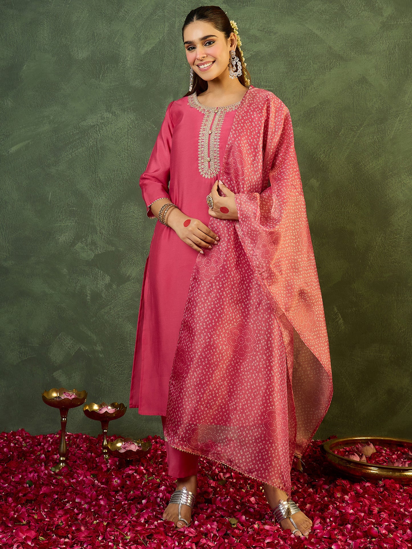Pink Embroidered Straight Kurta Trousers With Dupatta set