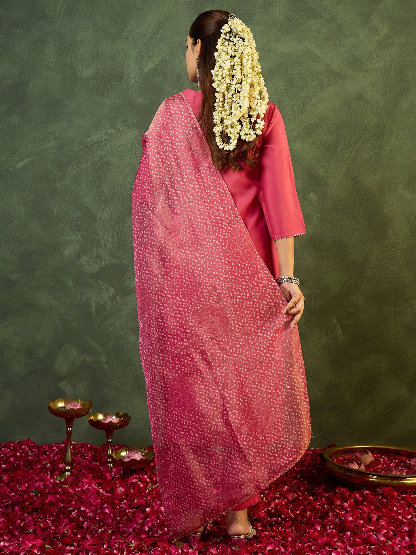 Pink Embroidered Straight Kurta Trousers With Dupatta set