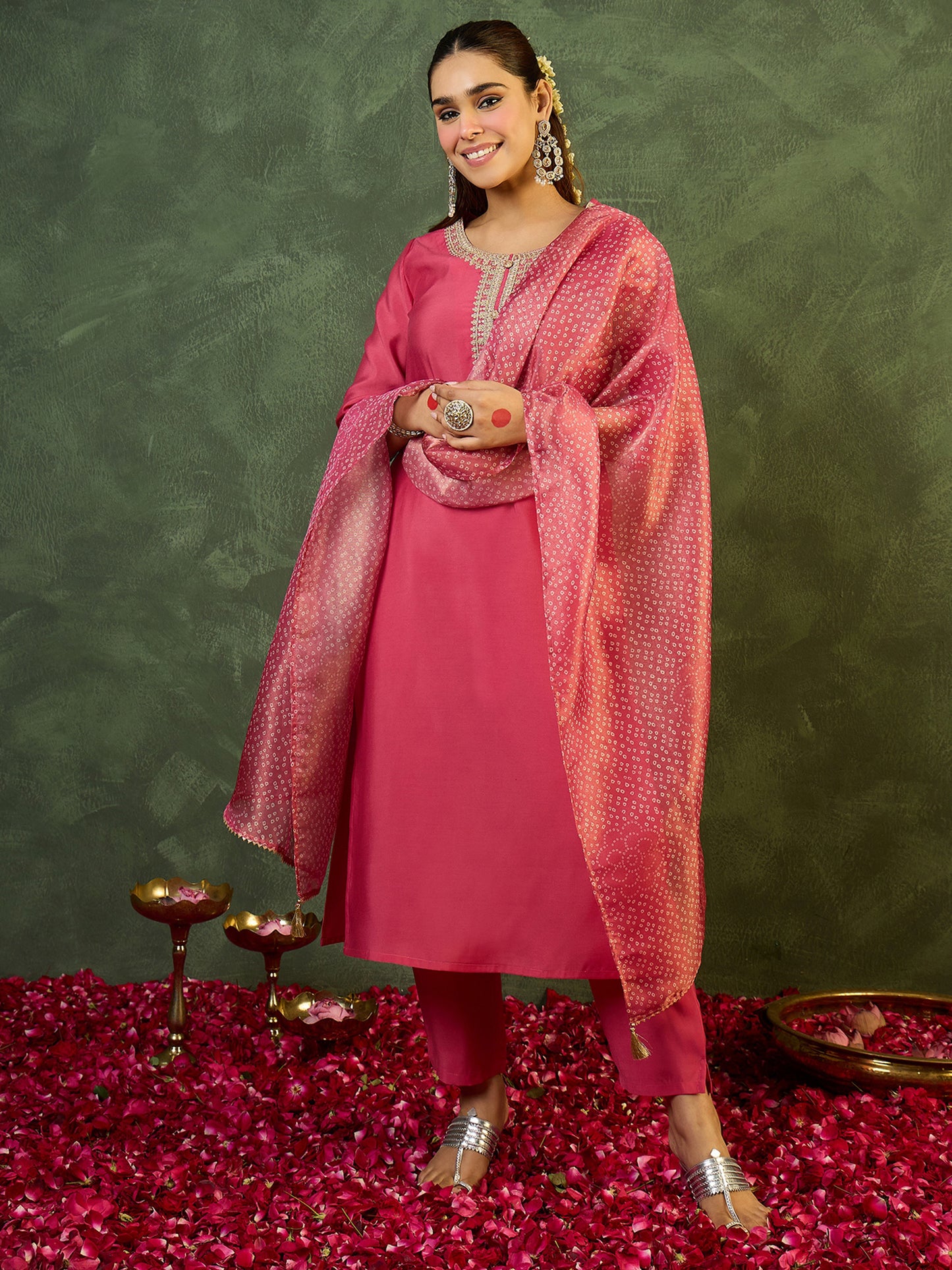 Pink Embroidered Straight Kurta Trousers With Dupatta set