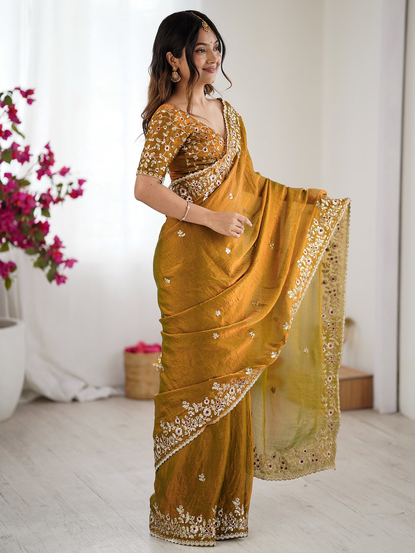 Women's Chiffon Gold Embellished Designer Saree With Blouse Piece