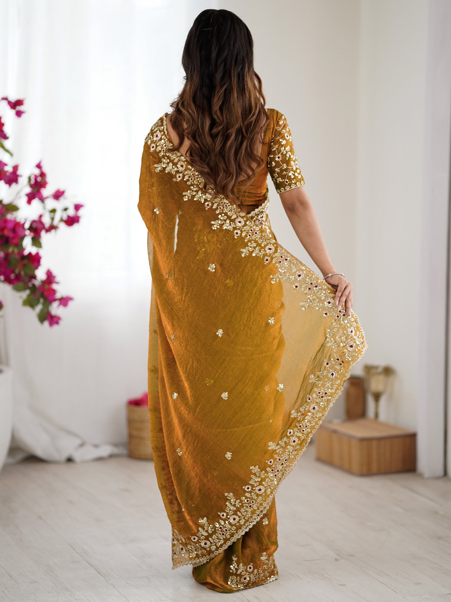 Women's Chiffon Gold Embellished Designer Saree With Blouse Piece