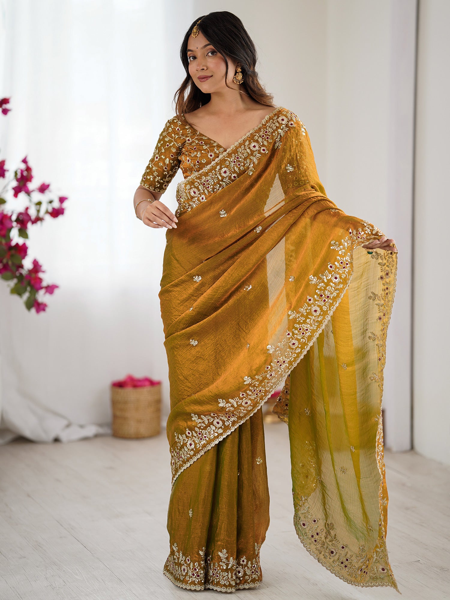Women's Chiffon Gold Embellished Designer Saree With Blouse Piece