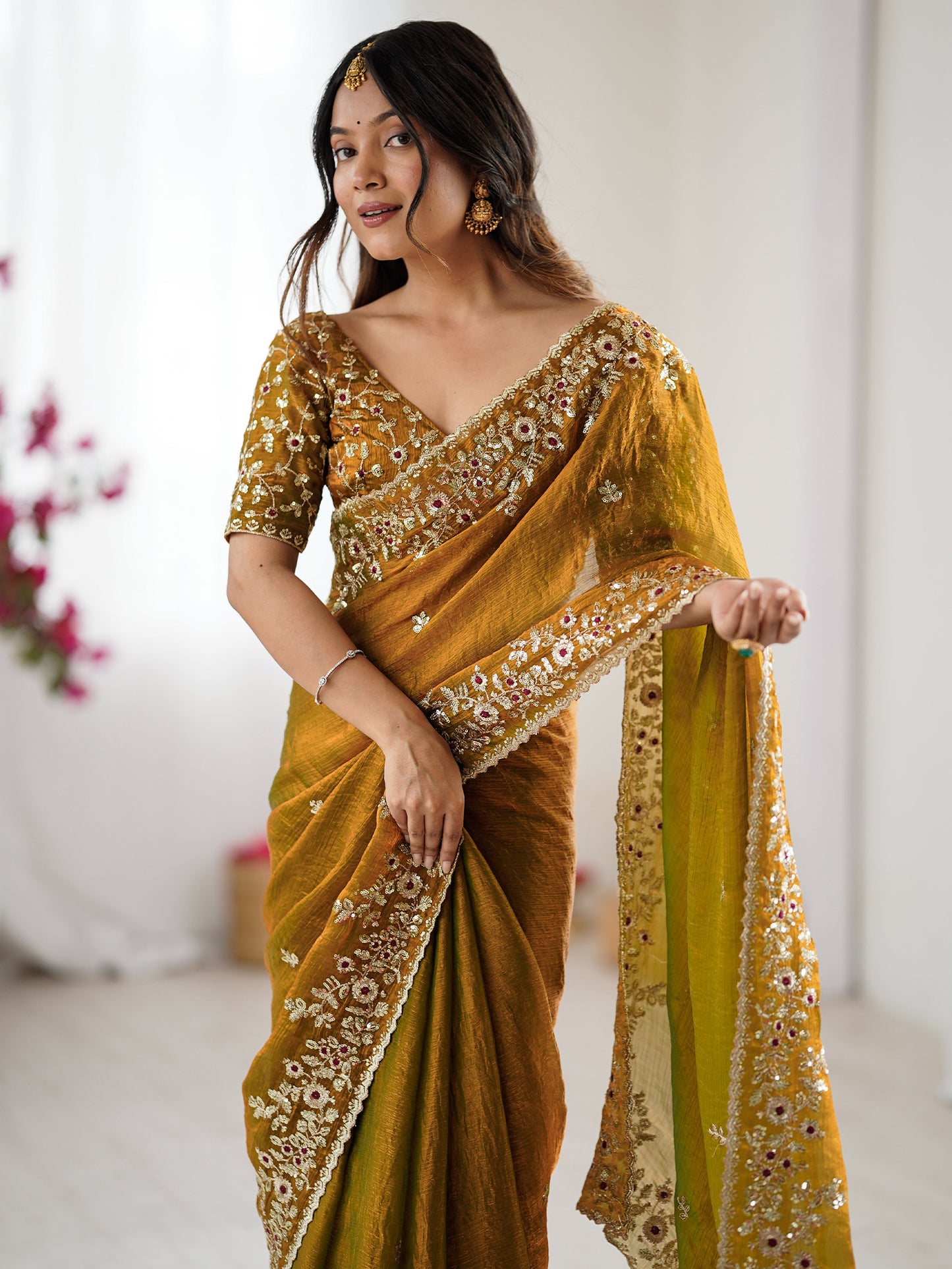 Women's Chiffon Gold Embellished Designer Saree With Blouse Piece