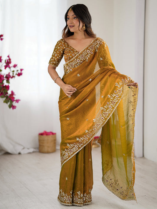 Women's Chiffon Gold Embellished Designer Saree With Blouse Piece