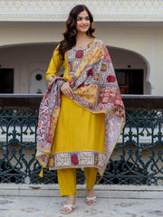 Green Printed Straight Kurta Trousers With Dupatta set