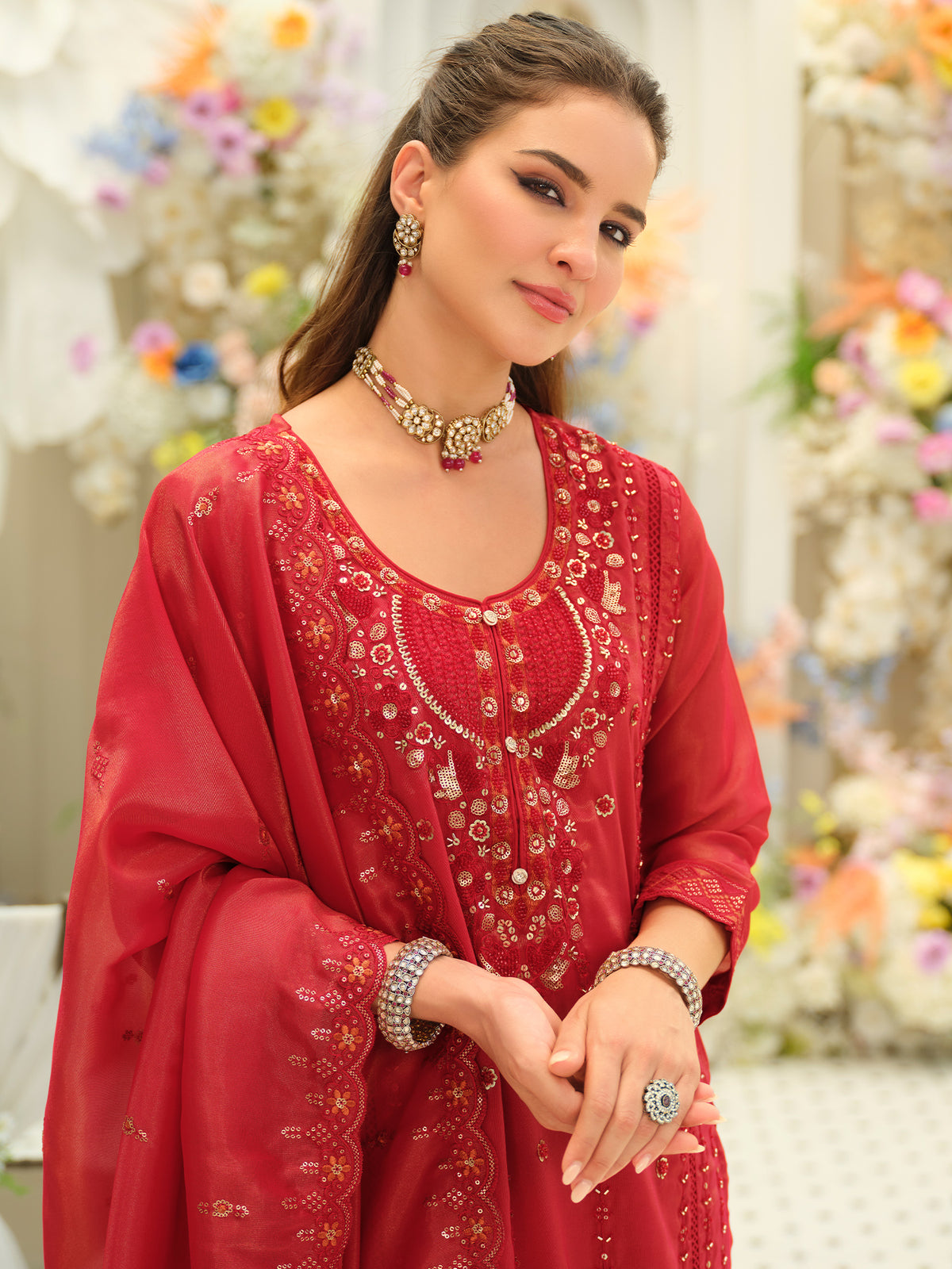 Red Embroidered Straight Kurta Trousers With Dupatta set
