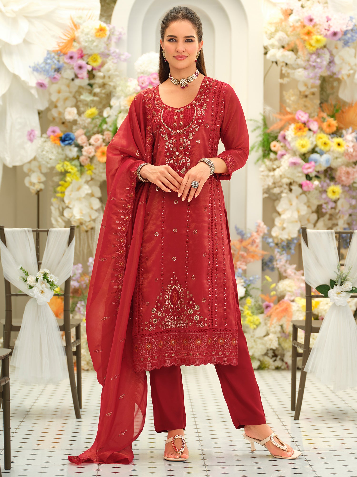 Red Embroidered Straight Kurta Trousers With Dupatta set