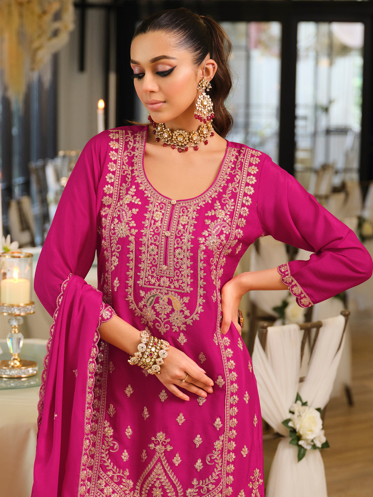 Red Embroidered Straight Kurta Palazzos With Dupatta set