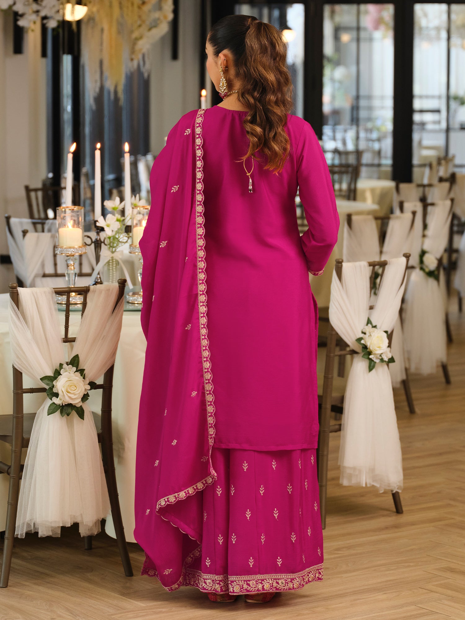 Red Embroidered Straight Kurta Palazzos With Dupatta set