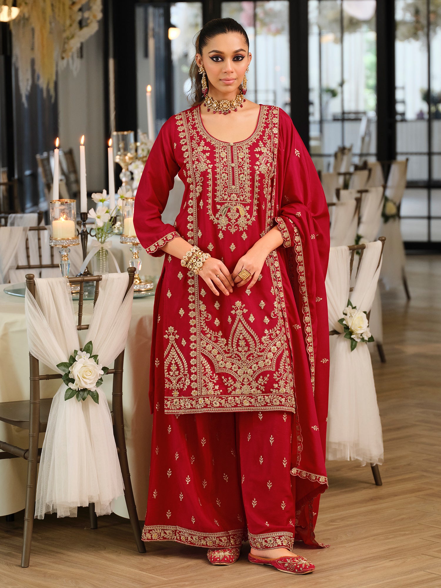 Pink Embroidered Straight Kurta Palazzos With Dupatta set